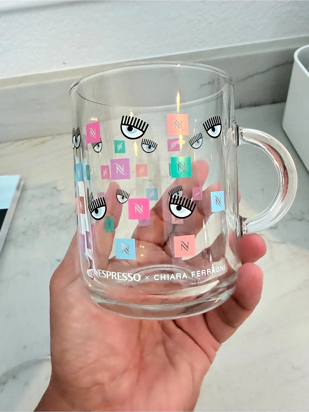 Nespresso x Chiara Ferragni mug Clear & Pink Glass Mug Like New